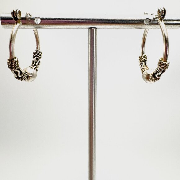 VTG Sterling Silver 925 Bead & Rope Design Hoop Earrings Size 1" Length - Picture 1 of 9